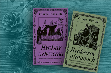 Koláž fotografií: obálky kníh Hrobárov almanach a Hrobár a dievčina, pozadie vianočné