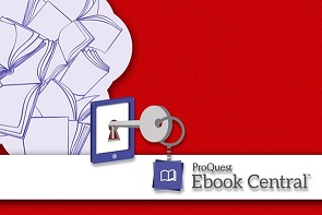Ilustračný obrázok: zámok s kľúčom za ktorým sú otvorené knihy, logo ProQuest Ebook Central