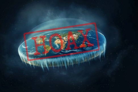 Oficiálna grafika k podujatiu, obrázok plochej Zeme s nápisom hoax