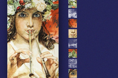 Vizuál výstavy: reštaurátorská práca: dievča s vencom s kvetov vo vlasoch a s dvomi píšťalami, modré pozadie a štvorcové detaily z maľby