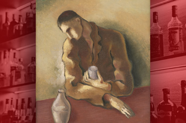 Koláž, v popredí obraz Mikuláša Galandu s názvom Pijan, pozadie foto baru