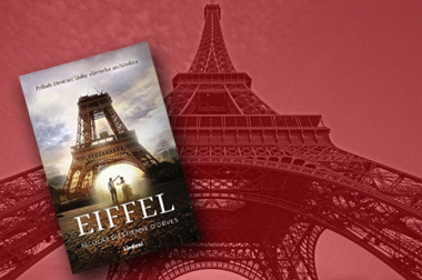 Obálka knihy Eiffel v popredí, na pozadí fotografia veže