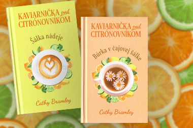 Obalky kníh série Kaviarnička pod citrónovníkom v popredí, pozadie citrusy