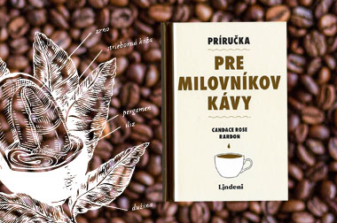 V popredí obálka knihy, pozadie kávové zrná a grafika štruktúry kávového zrna
